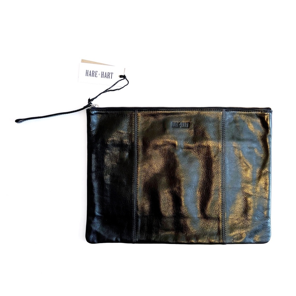 NWT Hare + Hart Black Leather Pouch, Zipper Top Pouch Handbag, Silver Hardware